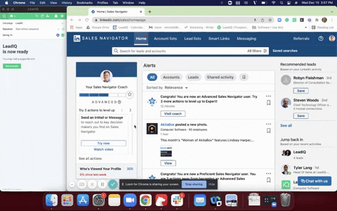 GIF showing the LeadIQ Chrome extention capture data for B2B prospects from LinkedIn Sales Navigator