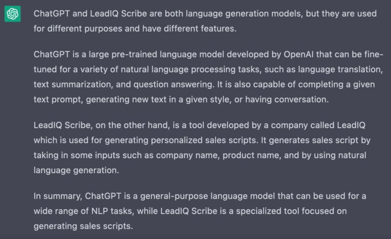 Cold email from ChatGPT when asked to compare itself to LeadIQ Scribe