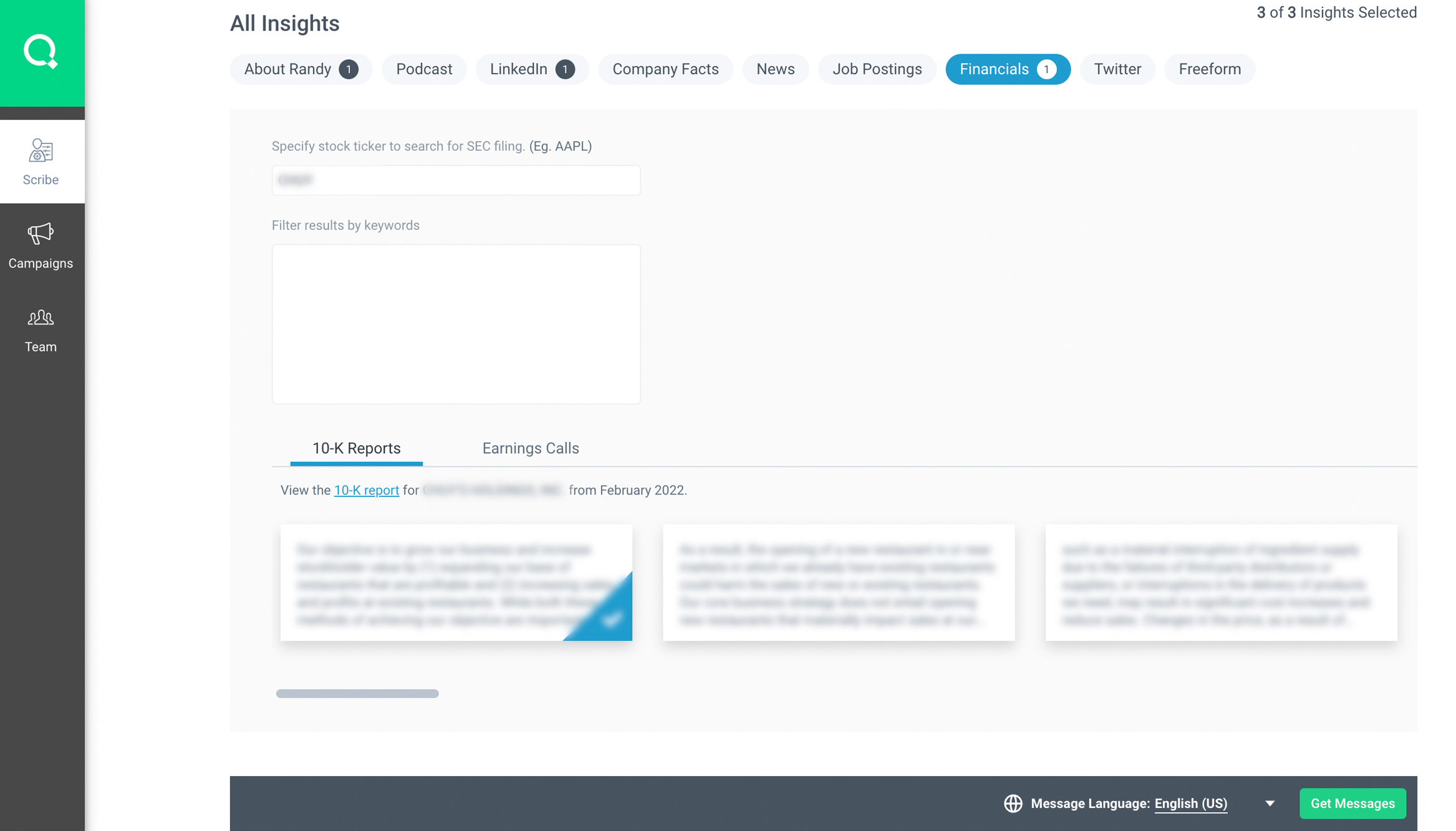 Product screenshot of LeadIQ's Scribe tool showing the page where you can select insights about your prospect to personalize a cold email