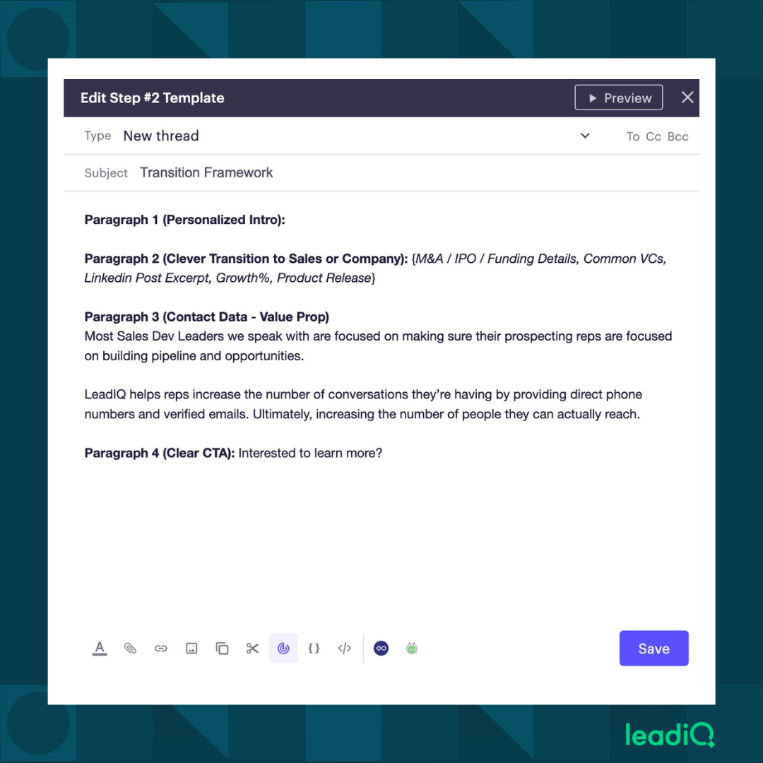 Screenshot of a LeadIQ email template for personalized emails with content outlined in caption