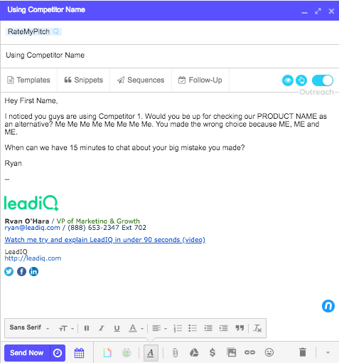 Example of a cold email about a competitor in an outreach sequence