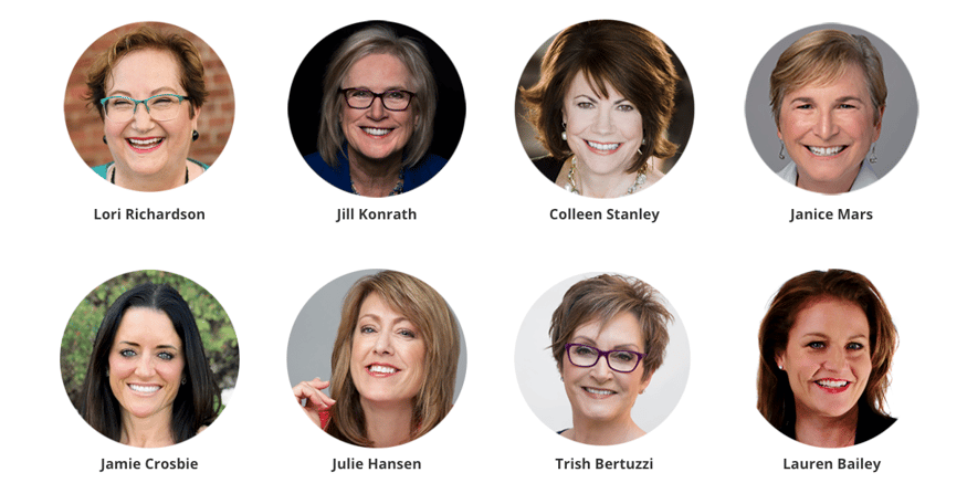 Headshots of women in sales: Lori Richardson, Jill Konrath, Colleen Stanley, Janice Mars, Jamie Crosbie, Julie Hansen, Trish Bertuzzi, Lauren Bailey