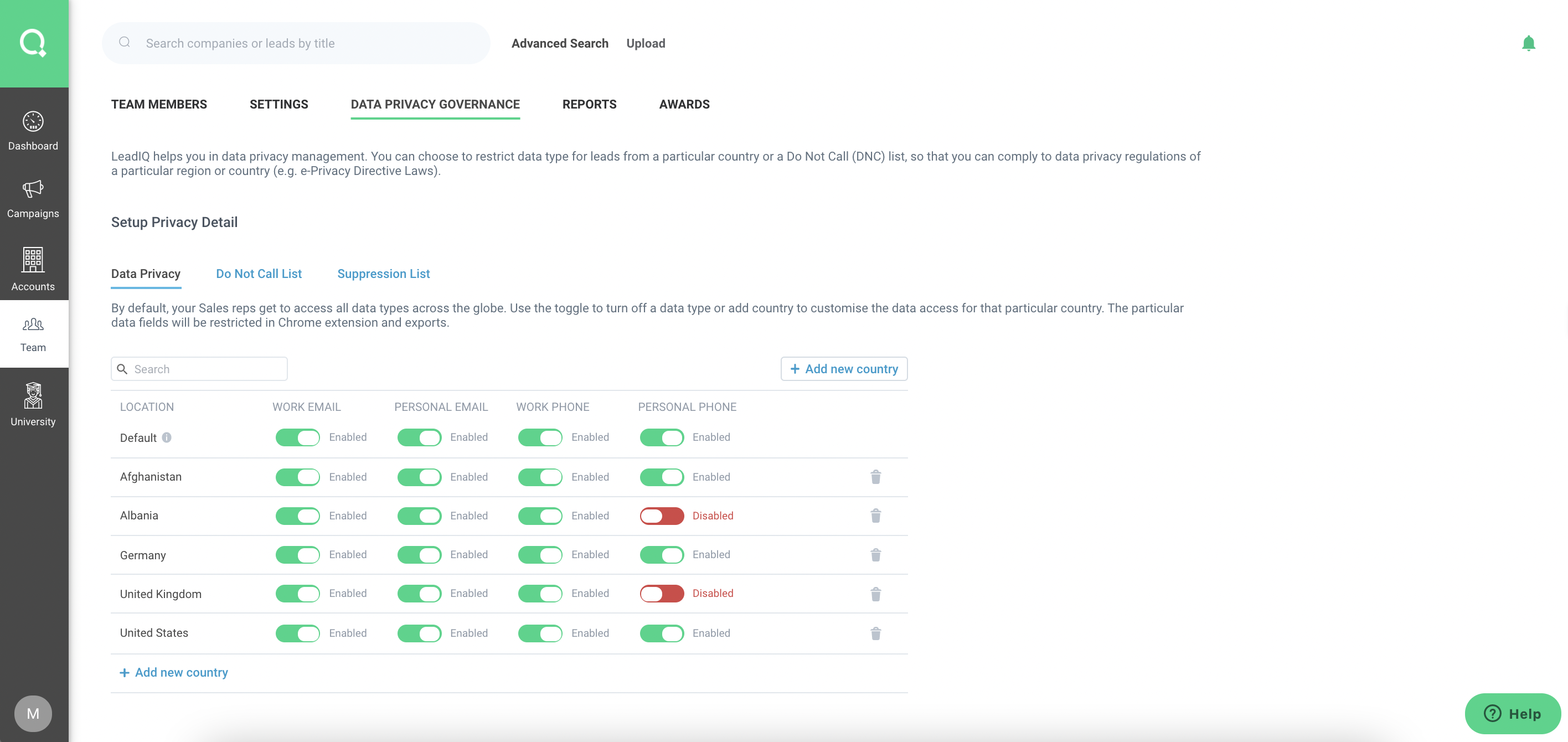 Screenshot of LeadIQ Data Privacy Governance settings 