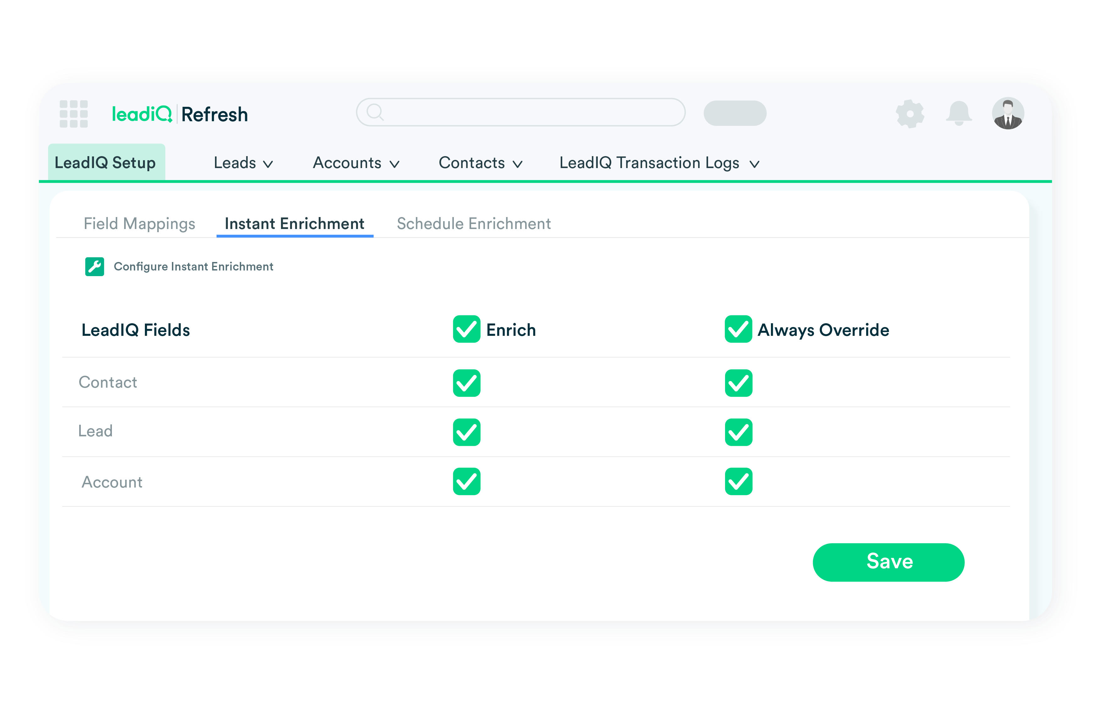 Product mockup of LeadIQ refresh settings showing instant Salesforce enrichment