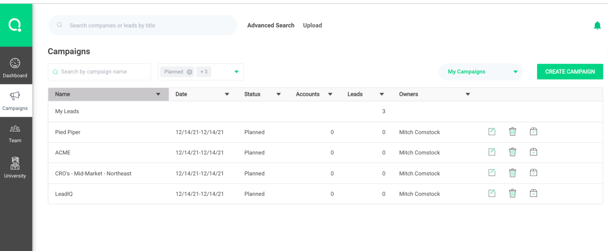 Product screenshot showing campaign menu with organized lead lists separate by comapny name, prospect job function, and region