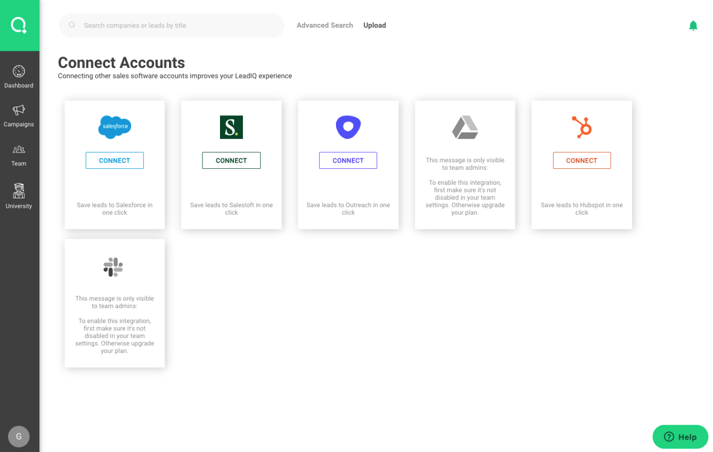 LeadIQ product screenshot showing Integrations page to connect Salesforce, Salesloft, Outreach, GSuite, Hubspot, & Slack