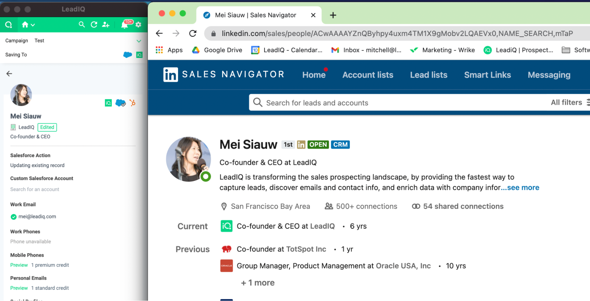 Screenshot of the LeadIQ Chrome Extension capturing contact data alongside LinkedIn Sales Navigator